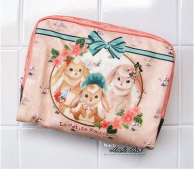 Ariel's Wish-La Petite Poupee粉紅蝴蝶結捧花緞帶三姊妹小兔兔子化妝包筆袋鉛筆盒收納袋-日本製