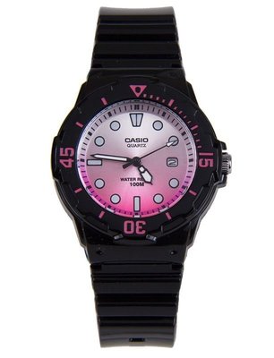 CASIO WATCH 卡西歐小巧漸層粉紅色潛水風格黑色膠帶運動腕錶 型號：LRW-200H-4E【神梭鐘錶】
