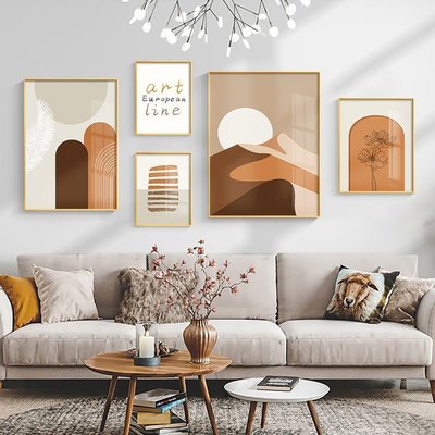 現貨熱銷-北歐風格客廳裝飾畫現代簡約橙色抽象沙發背景墻掛畫創意組合壁畫-規格不同價格不同