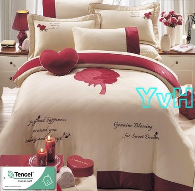 =YvH=Tencel 台灣印染萊賽爾天絲+純棉 RR羅曼羅蘭台灣製精品 紅玫瑰 雙人鋪棉床罩5件組 可訂做尺寸
