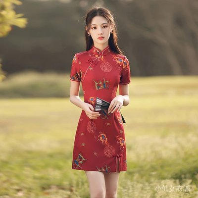尤衣閣-【】女生 洋裝 連衣裙 旗袍 年輕款2021年新款復古紅色中國風小個子國潮夏季短款 其它 UmY0-質量保證