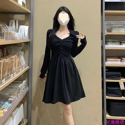 女裙子連衣裙洋裝連身裙女裝女生服飾大碼法式V領長袖連衣裙女秋季設計感褶皺收腰顯瘦垂墜感A字小『BC12956』-星飛優選