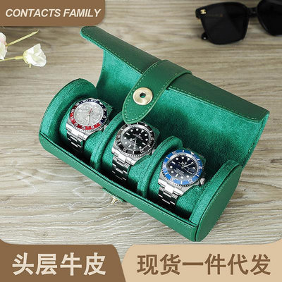 錶盒 展示盒 十字紋頭層牛皮三位裝高檔手錶禮盒防摔便攜式真皮手錶禮品包裝盒