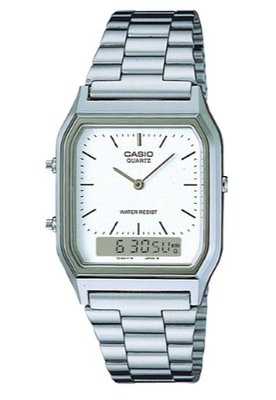 【萬錶行】CASIO 銀色時尚復古雙顯指針錶 AQ-230A-7D