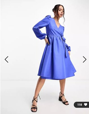 (嫻嫻屋) 英國ASOS-Monki優雅時尚藍色交叉V領長袖中長裙洋裝ED23