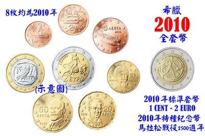 【幣】EURO 希臘2010年 歐元全年組 1 cent ~ 2€ 全新8枚 + 特種紀念幣(馬拉松戰役2500週年)