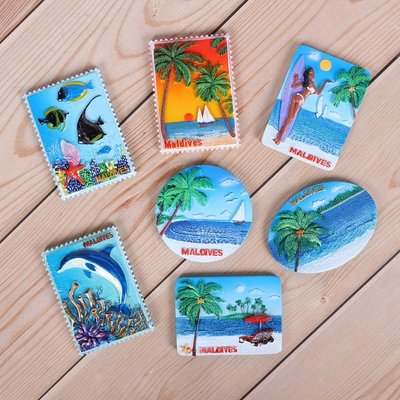 促銷 （滿兩件減50元）馬爾代夫冰箱貼旅游紀念品椰子樹海底世界沙灘美女海邊立體磁貼 可開發票