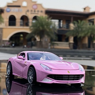 好物上新~粉色法拉利F12超跑車模型 仿真合金回力車兒童金屬玩具車蛋糕擺件~特賣