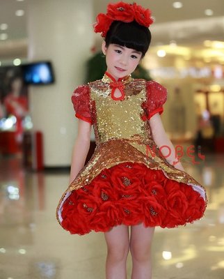兒童禮服紅色旗袍領金色閃片紅花朵簇裙表演出服公主蓬蓬裙