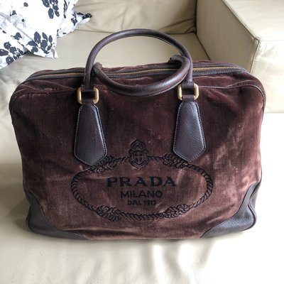 [熊熊之家3]保證全新正品 Prada 咖啡色 絲絨拼接皮革 手提包 肩背包