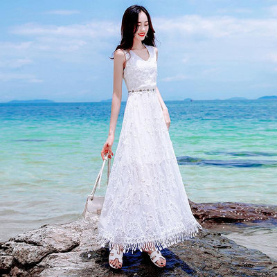 Hi 盛世百貨 蕾絲連衣裙新款夏季背心長裙白色仙女超仙甜美沙灘裙海邊度假裙子