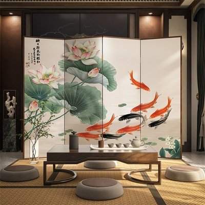 新中式實木屏風隔斷客廳折疊移動定制裝飾墻入戶荷花九魚房間折屏西洋紅促銷
