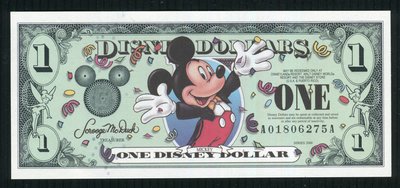 美國迪士尼美金1元紀念鈔=米老鼠=全新無折