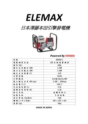 吉鈦行@日本製澤藤ELEMAX引擎發電機SH2900(露營/釣魚/建築工地/夜市/擺攤/園遊會)只有110V