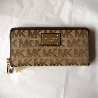 【芝加哥美國代購】 Michael Kors  MK logo 織布拉鍊長夾 真皮內裡 皮夾 咖啡色(含運2780)