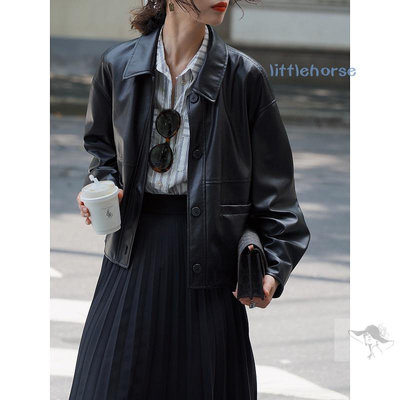 黑色皮衣女新美式復古仿羊皮寬鬆短版夾克外套