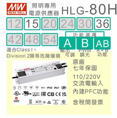【保固附發票】MW明緯 80W LED Driver 照明電源 HLG-80H-15 15V 36 36V 驅動器 路燈