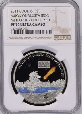 【海寧潮現貨】庫克2011年鑲嵌摩尼歐納路塔鎳鐵隕石銀幣NGC-PF70
