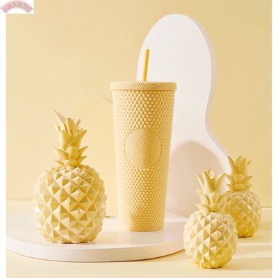 【熱賣精選】星巴克菠蘿磨砂吸管杯黃色銅牌水果造型水杯粉色大嘴鳥保溫杯