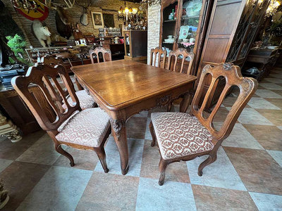 法國百年古董橡木手工雕刻餐桌椅『1桌6椅 成套不拆售』『全原件無修補』 #624013