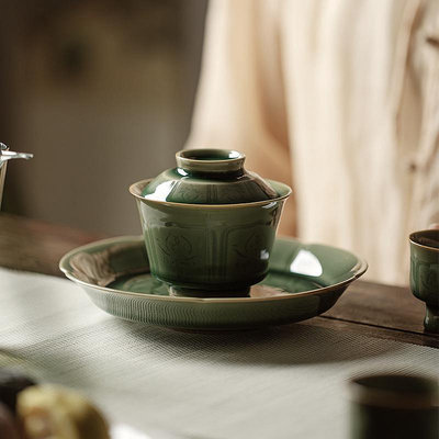 茶具 茶杯 陶瓷杯 馬克杯 龍泉青瓷梅子青釉中國風復古全手工半刀泥福兮蓋碗泡茶碗單個