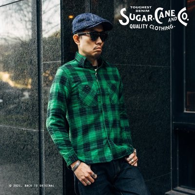 BTO 日本【SUGAR CANE】斜織法蘭絨綠黑格紋長袖工作襯衫