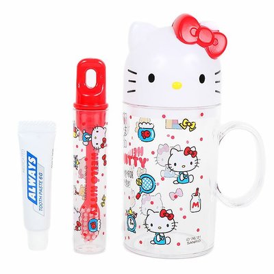 Sanrio Hello Kitty 攜帶型牙刷牙膏杯組(紅色蝴蝶結) 120ml 牙刷 牙膏 漱口杯【BC小舖】