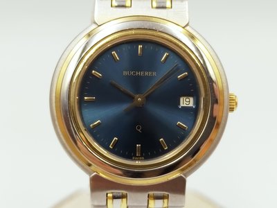 【發條盒子K0062】BUCHERER寶齊萊 藍面石英鍍金 日期顯示 鍍金半金鍊帶錶款 256.717