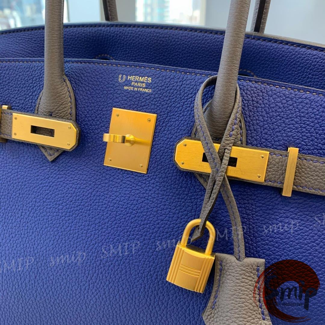 Smip 二手正品HERMES Birkin 30 愛馬仕手提包鉑金包電光藍/錫器灰金扣