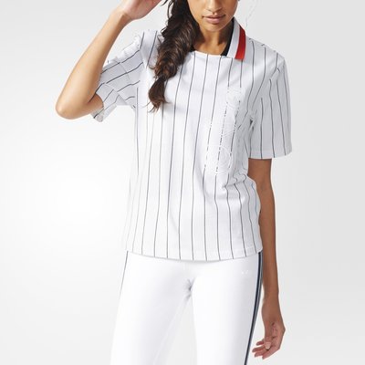 【豬豬老闆】Adidas 愛迪達 短袖上衣女裝 三葉草 條紋 polo衫 網球 短袖 白 條紋 徽章AJ8504