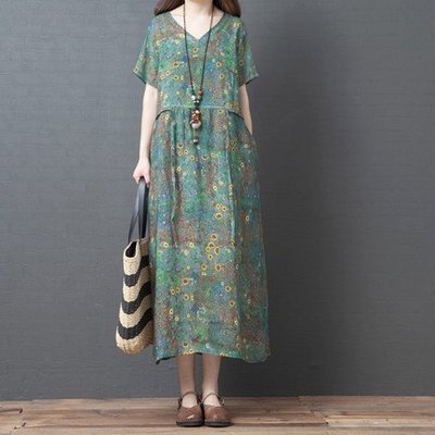 M-2XL夏季新款韓版大尺碼洋裝寬鬆繫帶顯瘦印花拼接薄款天絲棉麻洋裝連身裙