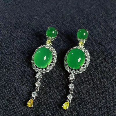 玉石珠寶 高冰925銀鑲嵌綠玉髓流蘇款耳環 瑪瑙時尚玉石耳釘飾品