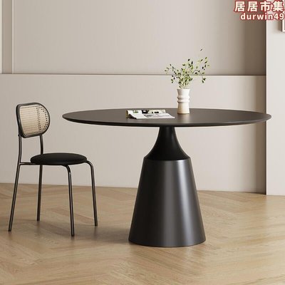 巖板圓形餐桌家用小戶型極簡純黑圓桌德利豐帶轉盤內嵌式純白飯桌