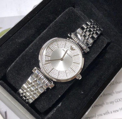 EMPORIO ARMANI 密鑲水晶銀色錶盤 銀色不鏽鋼錶帶 石英 女士手錶 AR11445 亞曼尼腕錶