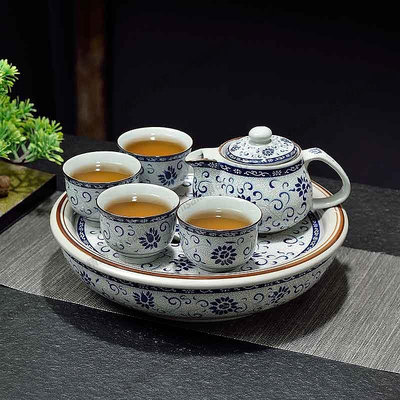 中式青瓷茶盤套裝系列潮汕功夫茶具10英寸客廳釉中彩套裝茶盤茶杯-Misaki精品