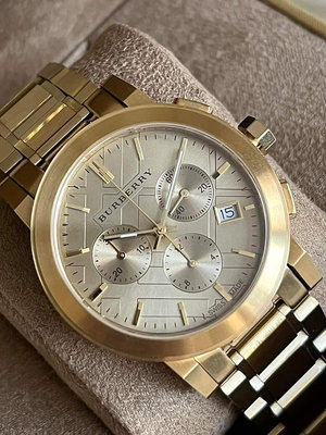 BURBERRY 金色錶盤 金色不鏽鋼錶帶 石英 三眼計時 男士手錶 BU9753