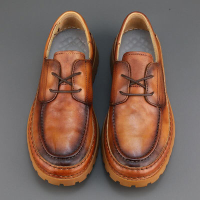 高端牛皮廣州真皮手工鞋男式英倫復古水洗頭層牛皮休閒鞋縫製皮鞋