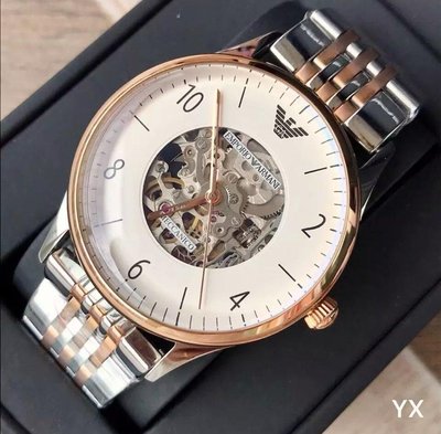 EMPORIO ARMANI 鏤空錶盤 玫瑰金色配銀色不鏽鋼錶帶 自動機械錶 AR1921
