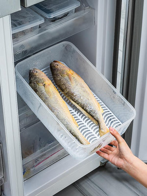 日本廚房冰箱收納盒裝魚冷凍盒凍肉盒瀝水保鮮盒長方形帶蓋冷藏盒