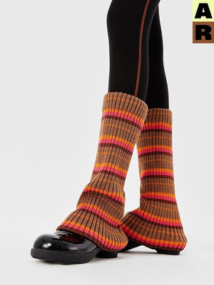 AR原創r線撞色條條襪套綠色針織襪子顯瘦羊毛保暖喇叭腿套基礎