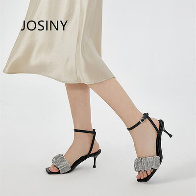 JOSINY卓詩尼夏季新款女鞋 仙女風感百搭一字式扣帶高跟鞋細跟涼鞋 全新庫存-寶藏包包
