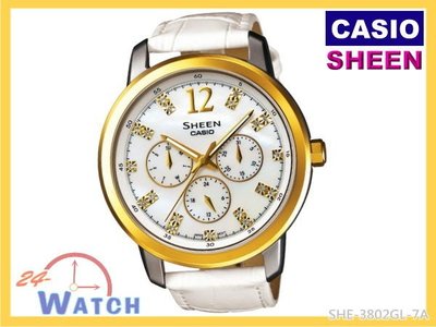 SHE-3802GL-7A金框SHE-3802《台灣CASIO公司貨》SHEEN珍珠母貝殼錶盤三眼女錶24-Watch