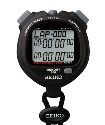 SEIKO 精工100組記憶三個獨立的秒錶顯示器防水50米一般時間日期顯示電子碼表 型號：S23601P1 【神梭鐘錶】