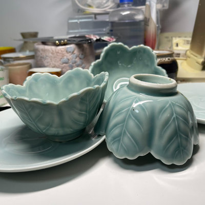 日本回流青瓷碗異形缽碗老柴燒可做花盆浮雕葉子形狀