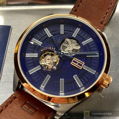 TommyHilfiger手錶,編號TH00025,44mm玫瑰金圓形精鋼錶殼,寶藍色鏤空錶面,咖啡色真皮皮革錶帶款