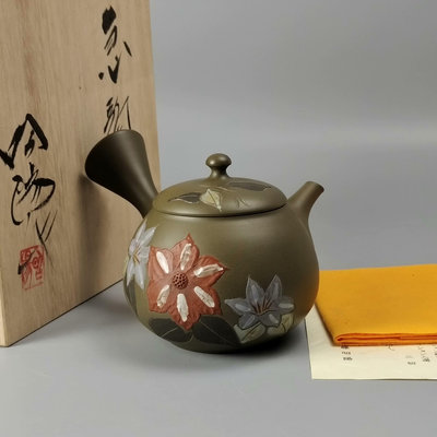 。伊藤昭陽作綠泥日本常滑燒橫手急須茶壺。未使用品