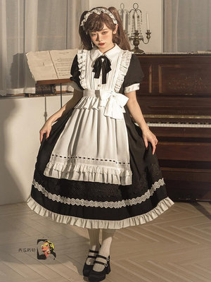 原創正版小女仆裝lolita可拆圍裙doll少女感洛麗塔歌特暗黑連衣裙-西瓜鈣奶