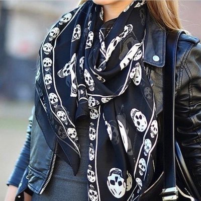 Alexander McQueen 110640 Skull-print Silk scarf 骷顱頭披肩絲巾 黑