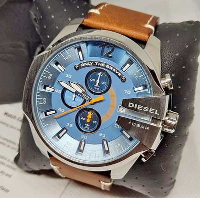 DIESEL Mega Chief 藍色面錶盤 棕色皮革錶帶 石英 三眼計時 男士手錶 DZ4458