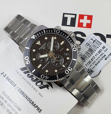 TISSOT seastar1000 黑色面錶盤 銀色不鏽鋼錶帶 石英 三眼計時 男士手錶 T1204171105100